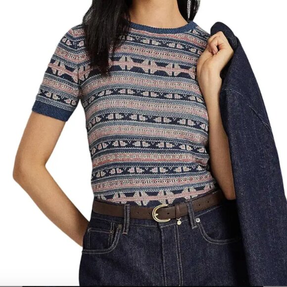 Ralph Lauren Linen Cotton Short Sleeve Sweater XL Geo Stripe New - Picture 1 of 4